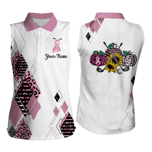 Pink argyle leopard pattern Womens sleeveless polo shirt custom pink ribbon golf shirt for ladies NQS6134
