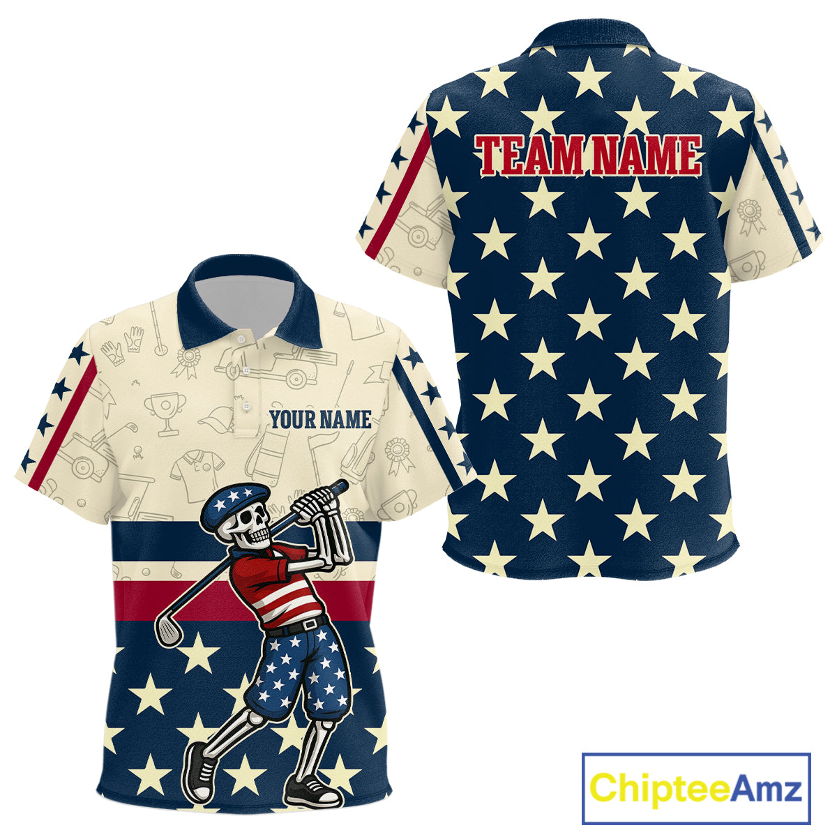 Funny Skull golfer vintage American Flag Custom patriotic golf polo shirts for Kid, golfing gifts NQS9964