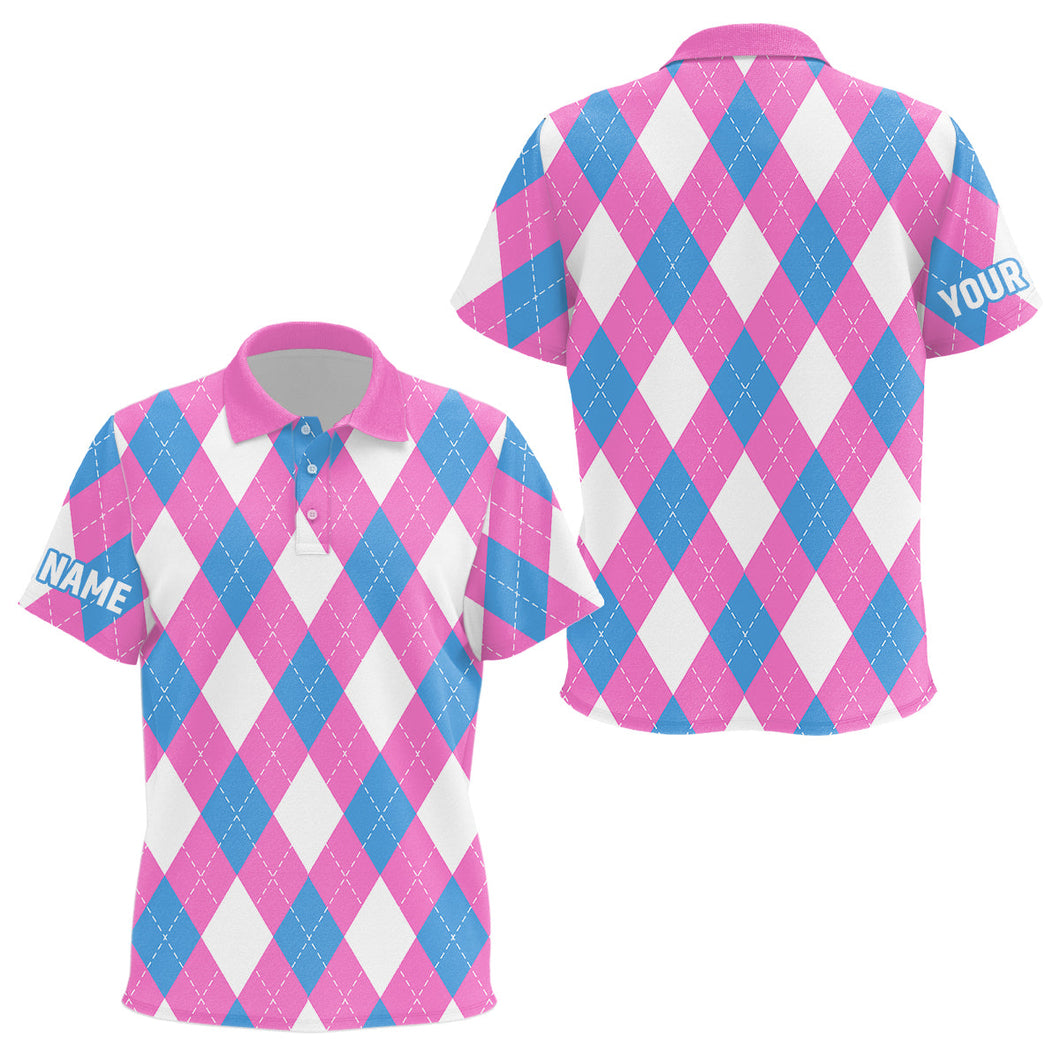 Kid golf polo shirt custom pink, blue and white argyle plaid pattern golf attire for Kid NQS8043