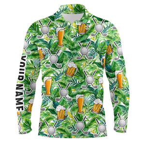 Funny Golf beer green tropical leaves pattern custom mens golf polo shirt, golf tops for men NQS7471