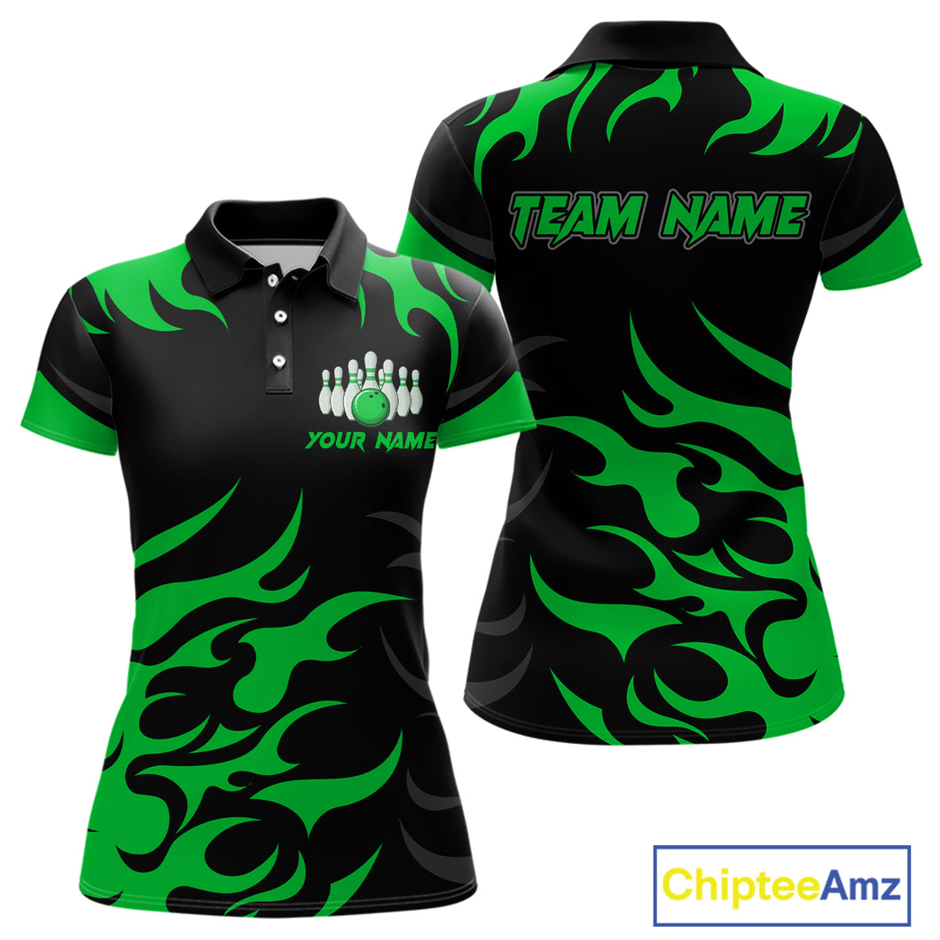 Black and Green Flame Bowling shirts for Women Custom team bowling jerseys, ladies bowling apparel NQS10268