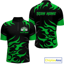 Load image into Gallery viewer, Black and Green Flame Bowling shirts for Men Custom team bowling jerseys, mens bowling apparel NQS10268