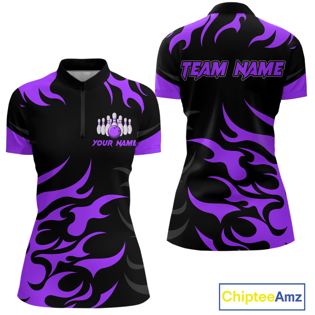 Black and Purple Flame Bowling shirts for Women Custom team bowling jerseys, ladies bowling apparel NQS10269