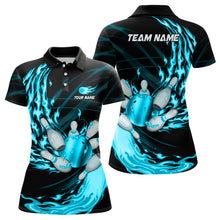 Load image into Gallery viewer, Black Womens bowling shirts Custom Cyan Blue flame Bowling ball and pins Team league bowler Jerseys NQS8486