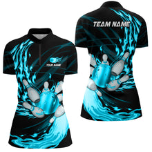 Load image into Gallery viewer, Black Womens bowling shirts Custom Cyan Blue flame Bowling ball and pins Team league bowler Jerseys NQS8486