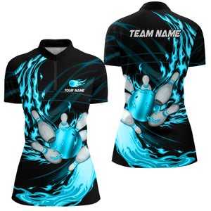 Black Womens bowling shirts Custom Cyan Blue flame Bowling ball and pins Team league bowler Jerseys NQS8486