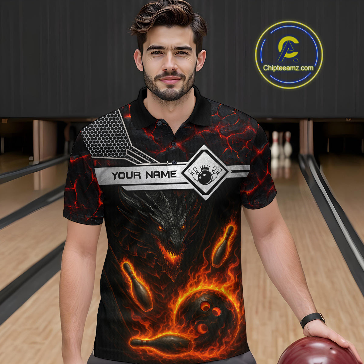 Black And Red Flame Custom Dragon Bowling Shirts For Men, Bowling League Shirts NQS11070