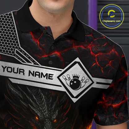 Black And Red Flame Custom Dragon Bowling Shirts For Men, Bowling League Shirts NQS11070