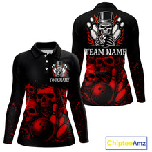 Load image into Gallery viewer, Black and Red Flame Skull Bowling Polo, Quarter Zip Shirts For Women Custom Skull Bowling Team Jerseys NQS9985