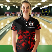 Load image into Gallery viewer, Black and Red Flame Skull Bowling Polo, Quarter Zip Shirts For Women Custom Skull Bowling Team Jerseys NQS9985