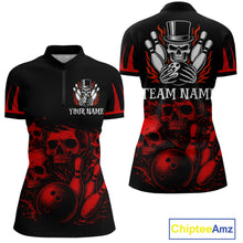 Load image into Gallery viewer, Black and Red Flame Skull Bowling Polo, Quarter Zip Shirts For Women Custom Skull Bowling Team Jerseys NQS9985