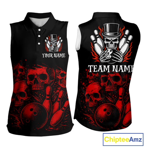 Black and Red Flame Skull Bowling sleeveless polo Shirt For Women Custom Skull Bowling Team Jerseys NQS9985