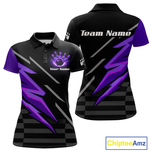 Black and Purple Lightning Bowling Polo, 1/4 Zip Shirt for Women Custom Bowling Team League Jersey NQS10907