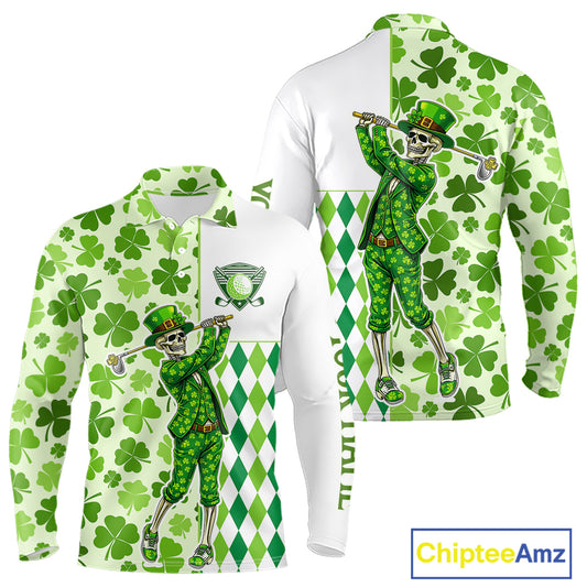 Green Shamrock argyle pattern St Patrick's day Skull Golf Polo Shirts For Men Custom golf outfit men NQS 11507
