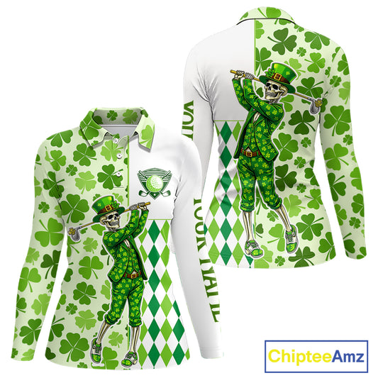 Green Shamrock argyle pattern St Patrick Skull Golf Polo Shirt For Women Custom women's golf outfits NQS 11507