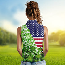 Load image into Gallery viewer, American flag St Patrick day shamrock pattern custom Women sleeveless polo shirt, golf outfits ladies NQS9580