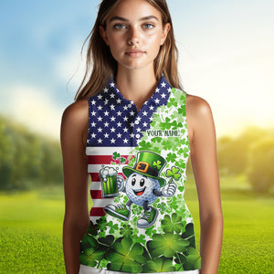 American flag St Patrick day shamrock pattern custom Women sleeveless polo shirt, golf outfits ladies NQS9580