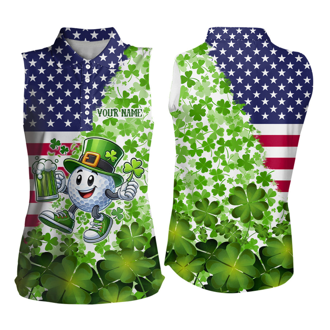 American flag St Patrick day shamrock pattern custom Women sleeveless polo shirt, golf outfits ladies NQS9580