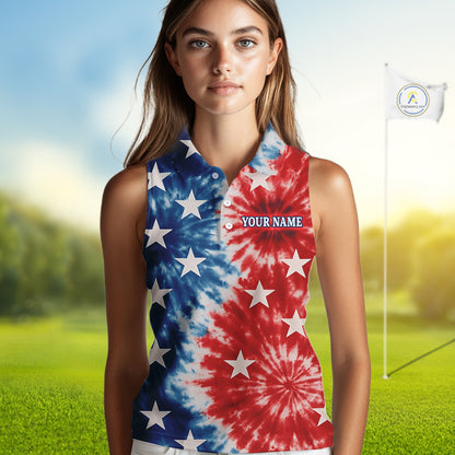 American Flag Tie dye pattern Womens sleeveless golf polo shirt custom patriotic golf attire for ladies NQS9990