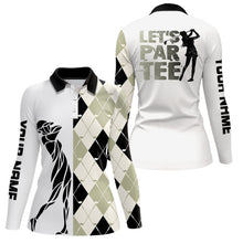 Load image into Gallery viewer, Black and white golf shirt argyle pattern golf clubs custom name Womens golf polo shirts Let&#39;s par tee NQS8079