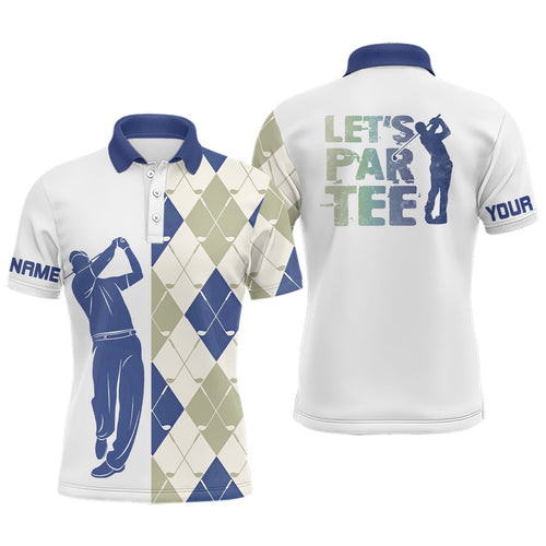 Blue and white golf shirt argyle pattern golf clubs custom name Mens golf polo shirt Let's par tee NQS8078