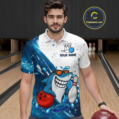 White and Blue Camo Shark Bowling polo, quarter zip shirts for Men Custom funny bowling team shirts NQS10280