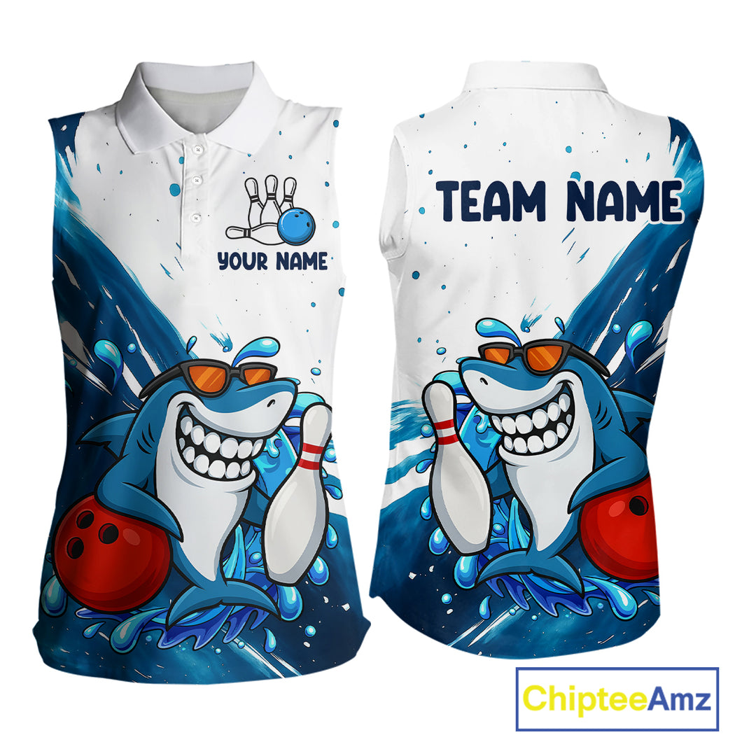 White and Blue Camo Shark Bowling Sleeveless Polo shirt Custom funny bowling team shirts NQS10280