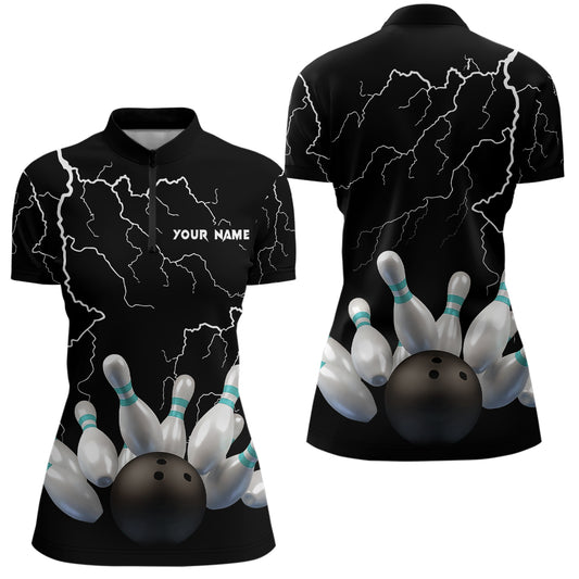 Black lightning thunder custom women bowling Quarter Zip shirt bowling ball pins team jerseys NQS6425