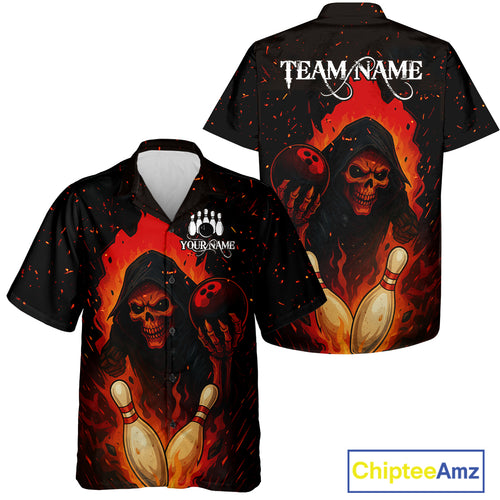 Black and Red Flame Skull Reaper Bowling Hawaiian Shirt Custom Halloween Bowling Team Outfit Jerseys NQS10695