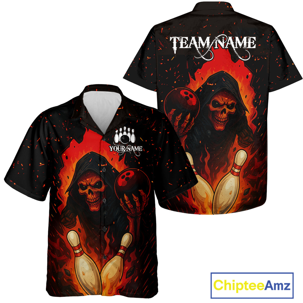 Black and Red Flame Skull Reaper Bowling Hawaiian Shirt Custom Halloween Bowling Team Outfit Jerseys NQS10695