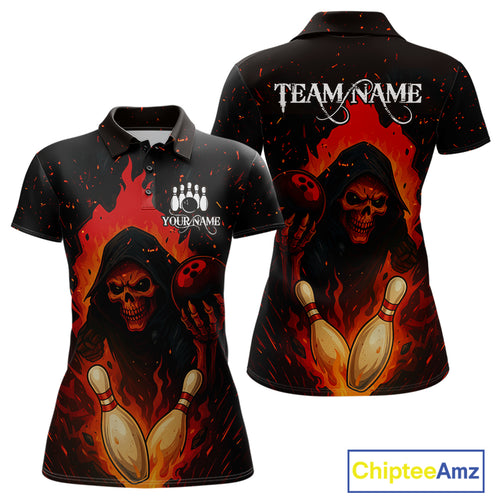 Black and Red Flame Skull Reaper Bowling Shirt For Women Custom Halloween Bowling Team Outfit Jerseys NQS10695