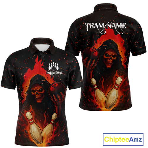 Black and Red Flame Skull Reaper Bowling Shirt For Men Custom Halloween Bowling Team Outfit Jerseys NQS10695