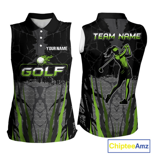 Black Camo Women sleeveless golf polo shirts custom golf attire for ladies, golfing gifts | Green NQS9995