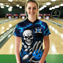 Load image into Gallery viewer, Custom Blue Lightning Thunder Skull Bowling Shirts For Women, Halloween Bowling Team Jerseys NQS10720