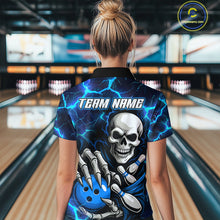 Load image into Gallery viewer, Custom Blue Lightning Thunder Skull Bowling Shirts For Women, Halloween Bowling Team Jerseys NQS10720