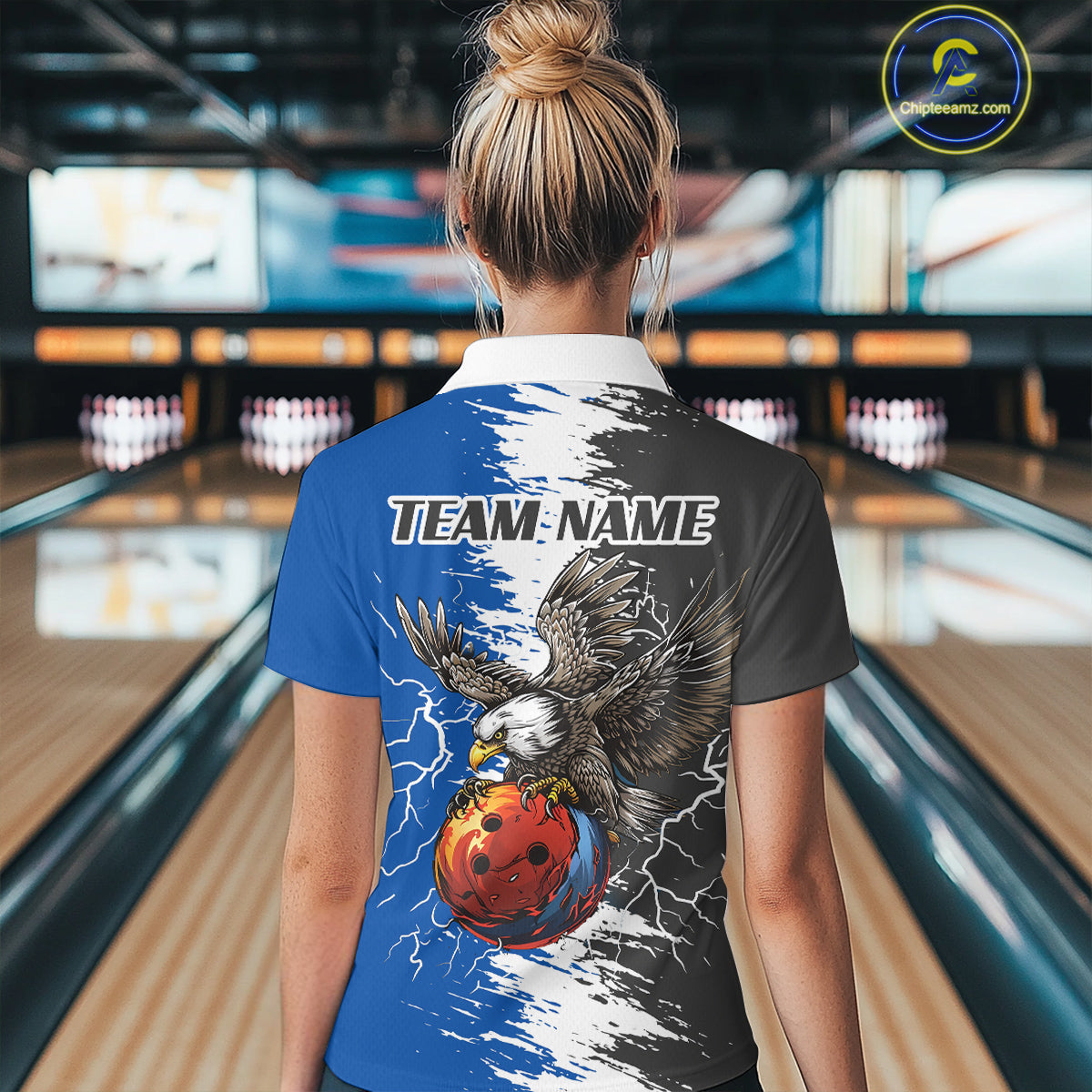 Lightning Thunder Eagle Bowling Polo, Quarter Zip Shirt For Women Custom bowling Team jerseys | Blue NQS11309
