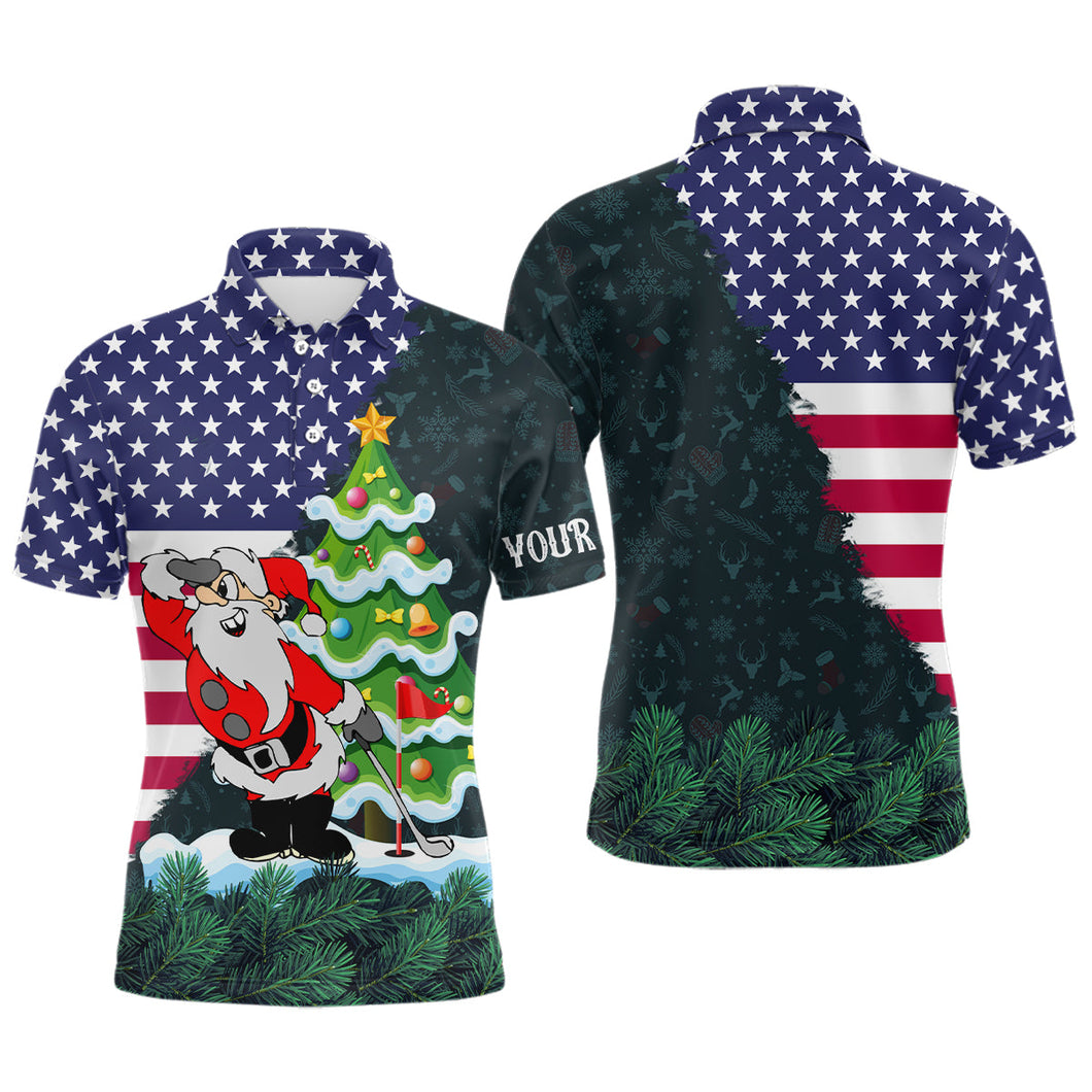 American flag Christmas Santa golf pattern custom Mens golf polo shirts, christmas golf apparel NQS8115