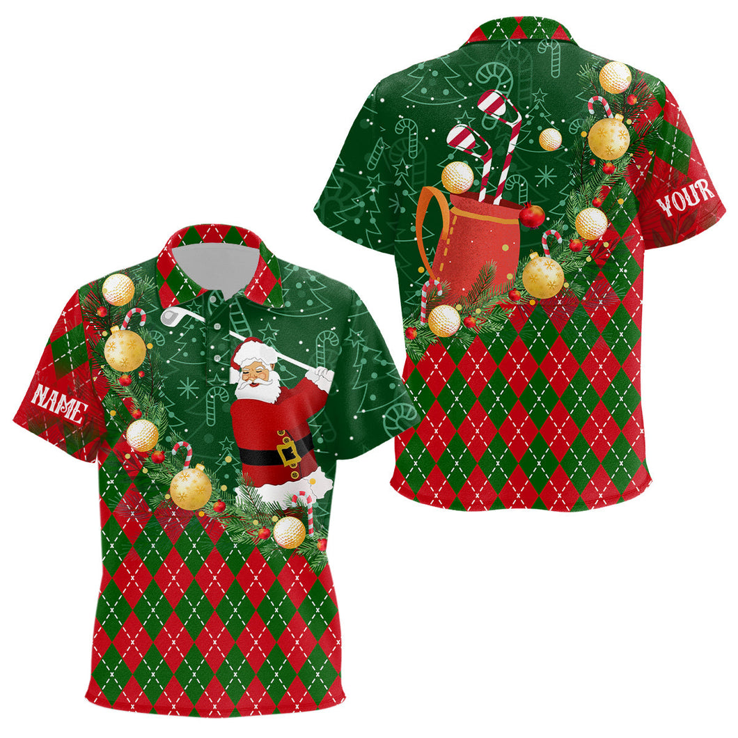 Christmas Santa Playing Golf Green and Red argyle pattern Kid golf polo shirts Custom golf outfits NQS9008