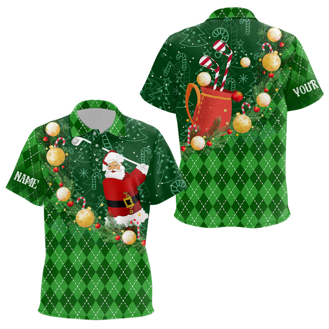 Christmas Santa Playing Golf Green argyle pattern Kid golf polo shirts Custom Xmas golf outfits NQS9009