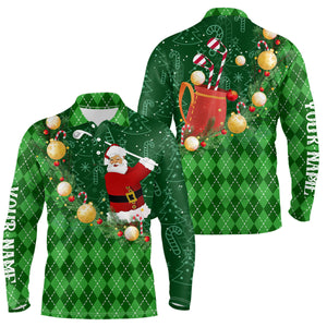 Christmas Santa Playing Golf Green argyle pattern Men Golf Polo Shirt Custom Xmas Mens golf outfits NQS9009