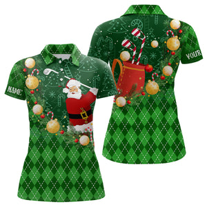 Christmas Santa Playing Golf Green argyle pattern Womens golf polo shirts Custom Xmas golf outfits NQS9009