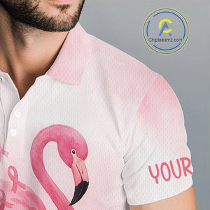 Watercolor Pink Flamingo ribbons Mens golf polo shirts Custom Breast Cancer Awareness men golf attire NQS10512