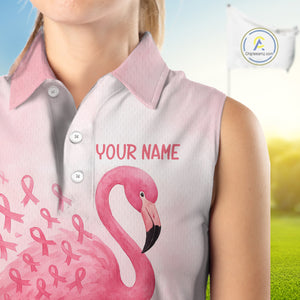 Watercolor Pink Flamingo ribbons Sleeveless polo shirt Custom Breast Cancer Awareness ladies golf top NQS10512