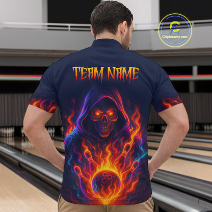 Custom Orange Flame Skull Bowling Shirts for Men Custom Team Bowling Shirts, gift for bowlers NQS10522