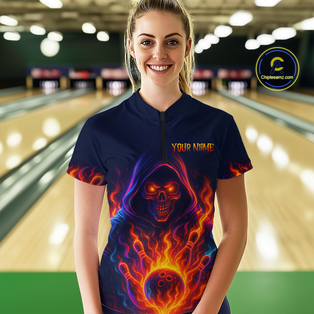 Custom Orange Flame Skull Bowling Shirts for Women Custom Team Bowling Shirts, gift for bowlers NQS10522