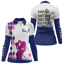 Load image into Gallery viewer, Blue pink argyle plaid white Women golf polo shirt custom swing swear drink repeat ladies golf tops NQS7922