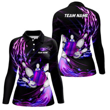 Load image into Gallery viewer, Womens bowling polo shirts Custom Purple flame Bowling ball and pins Team league bowler Jersey NQS7369