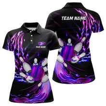 Load image into Gallery viewer, Womens bowling polo shirts Custom Purple flame Bowling ball and pins Team league bowler Jersey NQS7369