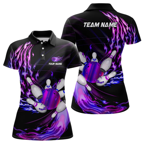 Womens bowling polo shirts Custom Purple flame Bowling ball and pins Team league bowler Jersey NQS7369