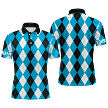Load image into Gallery viewer, Mens golf polo shirts custom cyan blue argyle plaid pattern golf attire for men, golfing gifts NQS7695